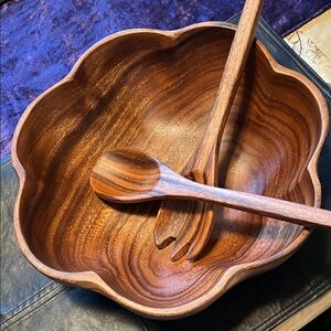Gorgeous Rustic Wooden Serving Bowl with Utensils, Acacia Wood